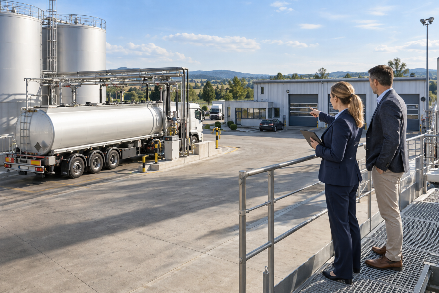 Zwei Personen betrachten ein Heizöldepot mit Tankfahrzeug und Lagerinfrastruktur